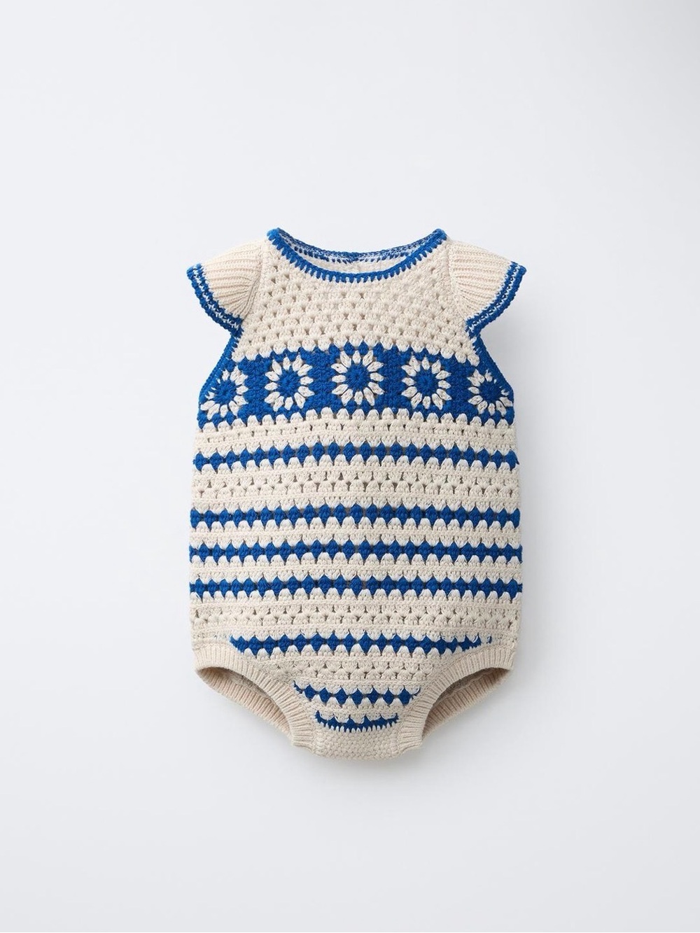 Zara Hand-Crocheted Blue & Cream Baby One-Piece Romper